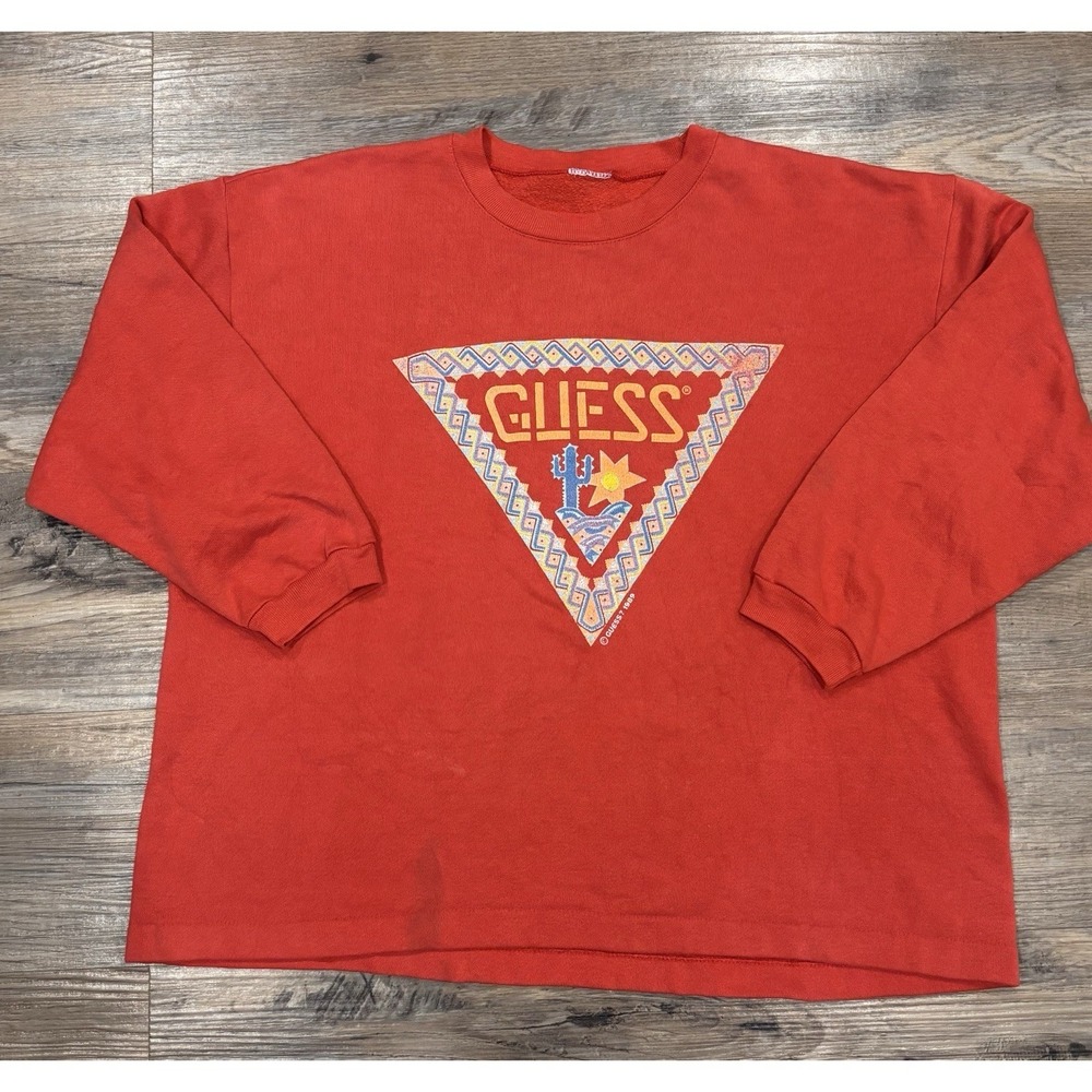 Vintage GUESS Sweatshirt 90s Y2K Triangle Southwest‎ Logo Red Boxy Crop Fits M/L - Picture 4 of 11
